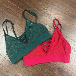 PINK Victoria's Secret set of 2 Glittery Green and Red Bralettes SMALL